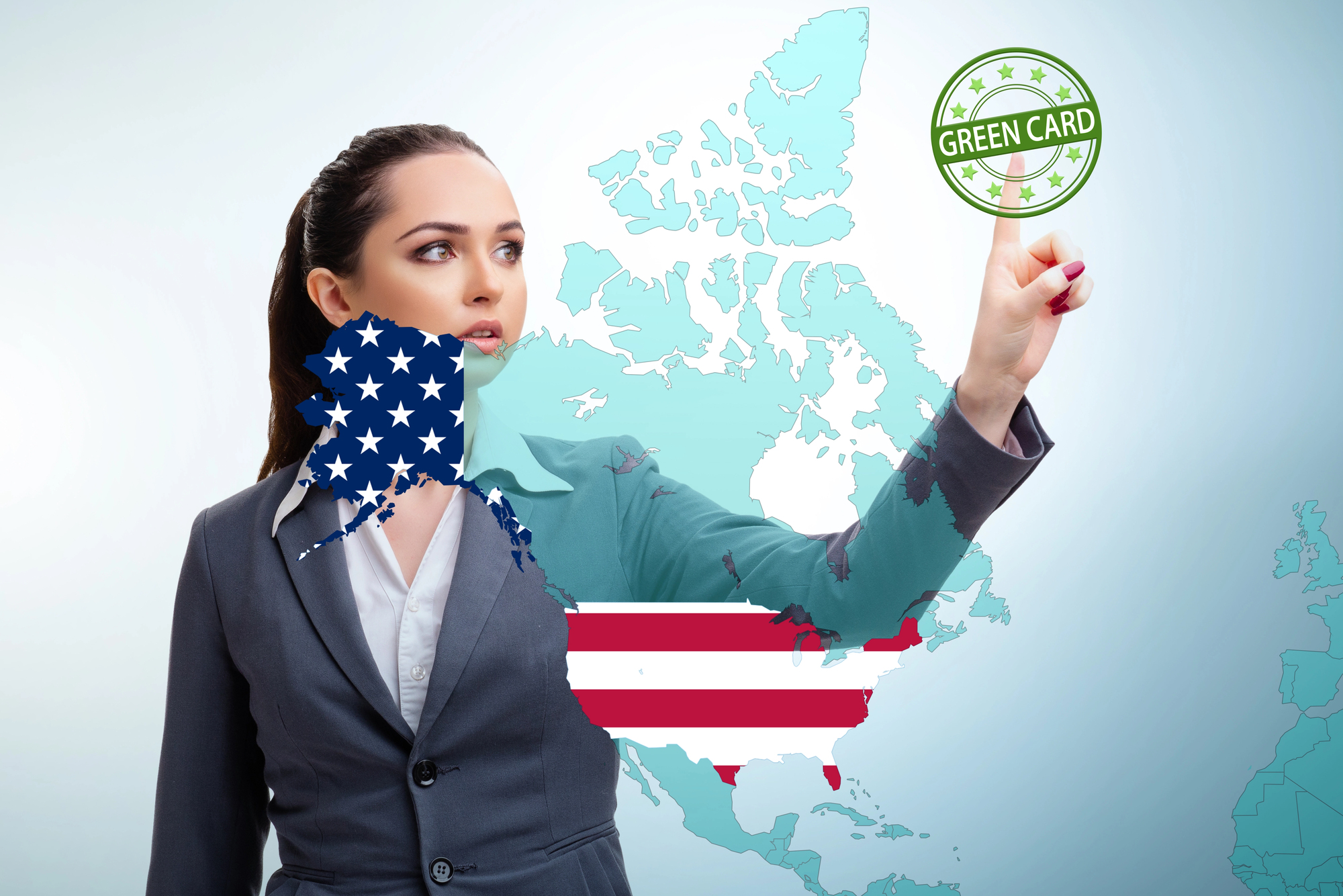 Woman touching a "Green Card" icon representing Employment Based Permanent Resident Visa.