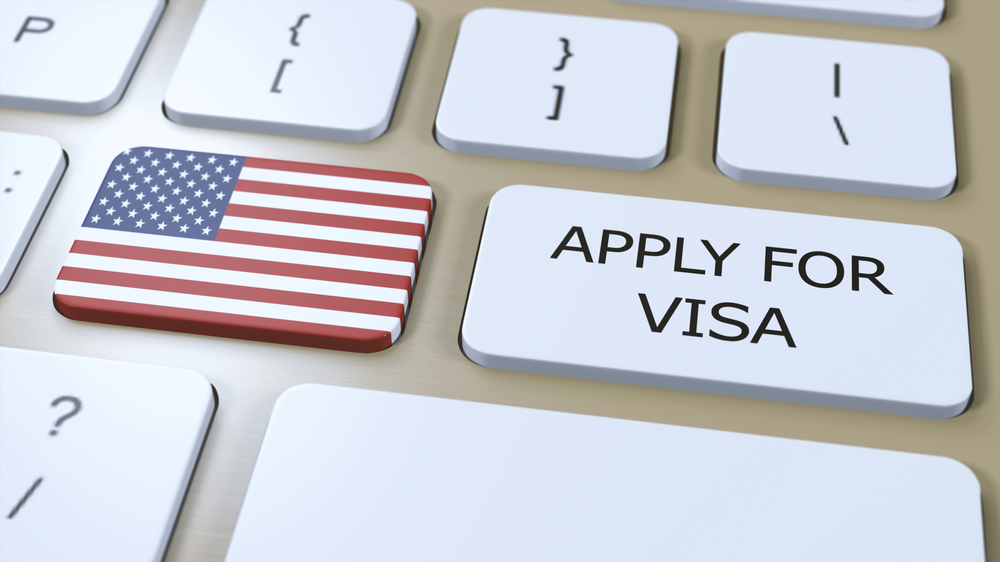 Computer keyboard with the US flag as a key and an "Apply for Visa" button representing Temporary Work Visas.