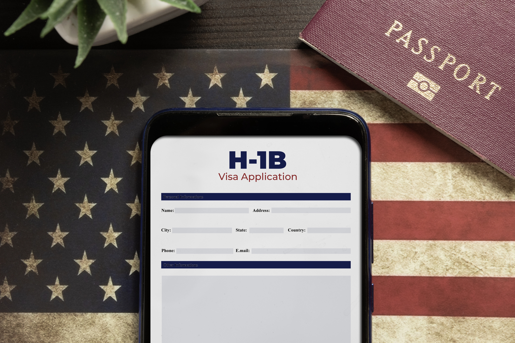 Phone with H-1B visa application on the screen with a passport and US flag in the background.